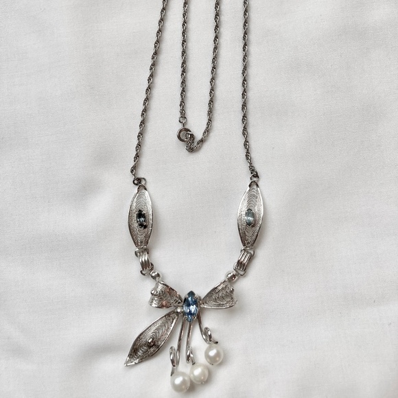 Silver Tone Filigree Pendant Necklace with Blue Crystals and Faux Pearls - Picture 2 of 3